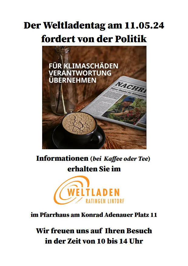 Plakat: Weltladentag, 11. Mai 2024. Klimaverantwortung. Visual: rissiger Kaffee, Zeitung.