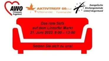 Flyer für eine Veranstaltung mit einem roten Sofa.