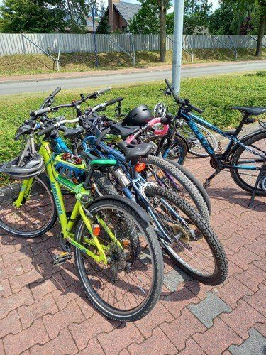Mehrere Fahrräder dicht beieinander auf gepflastertem Untergrund neben einer Straße geparkt.