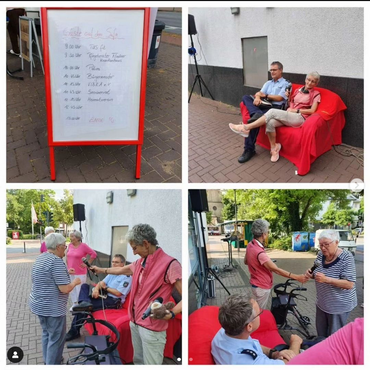 Collage von Menschen mit einem roten Sofa bei einer Veranstaltung.